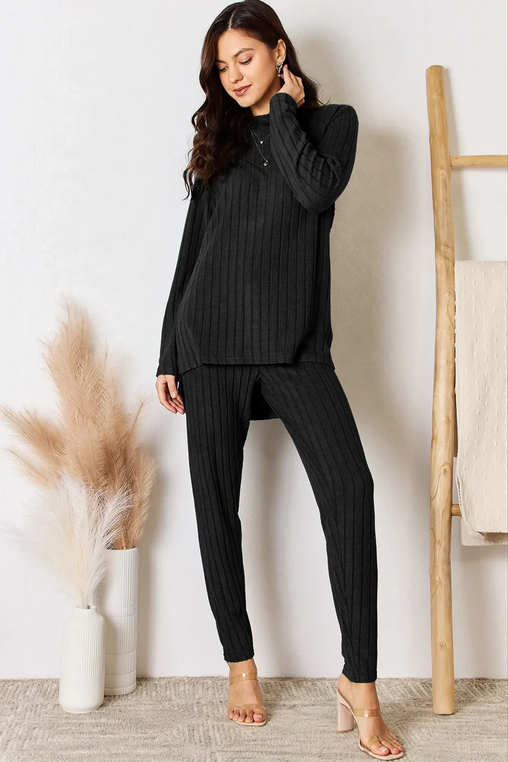 Basic Bae Full Size Ribbed Round Neck High-Low Slit Top and Pants Set - Image 6
