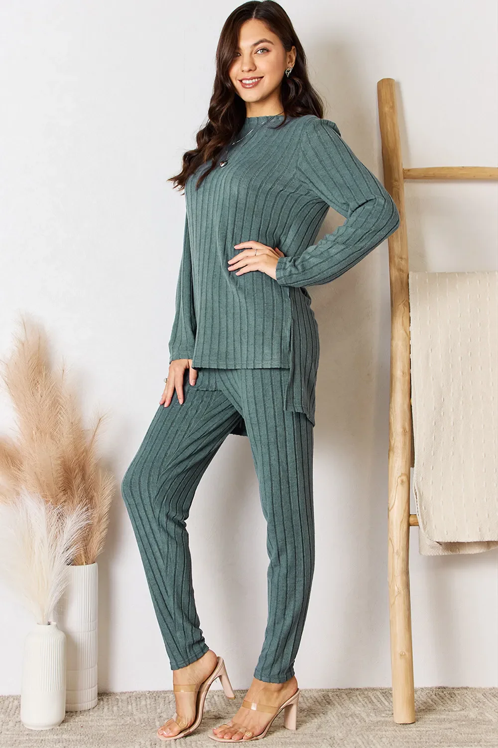 Basic Bae Full Size Ribbed Round Neck High-Low Slit Top and Pants Set - Image 8