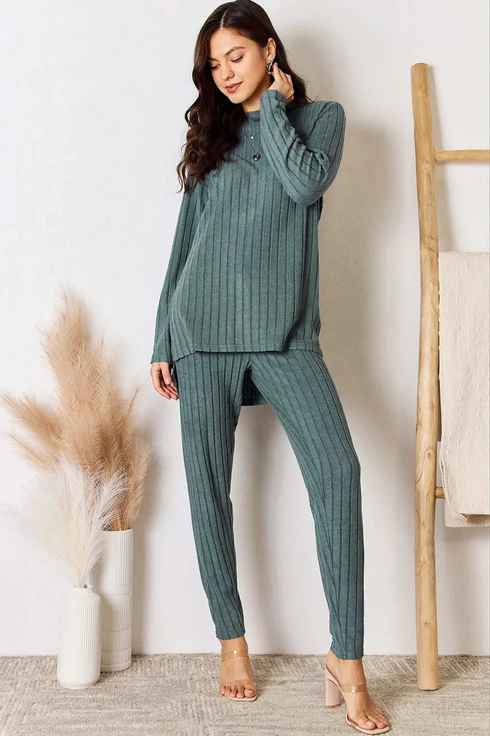 Basic Bae Full Size Ribbed Round Neck High-Low Slit Top and Pants Set - Image 9