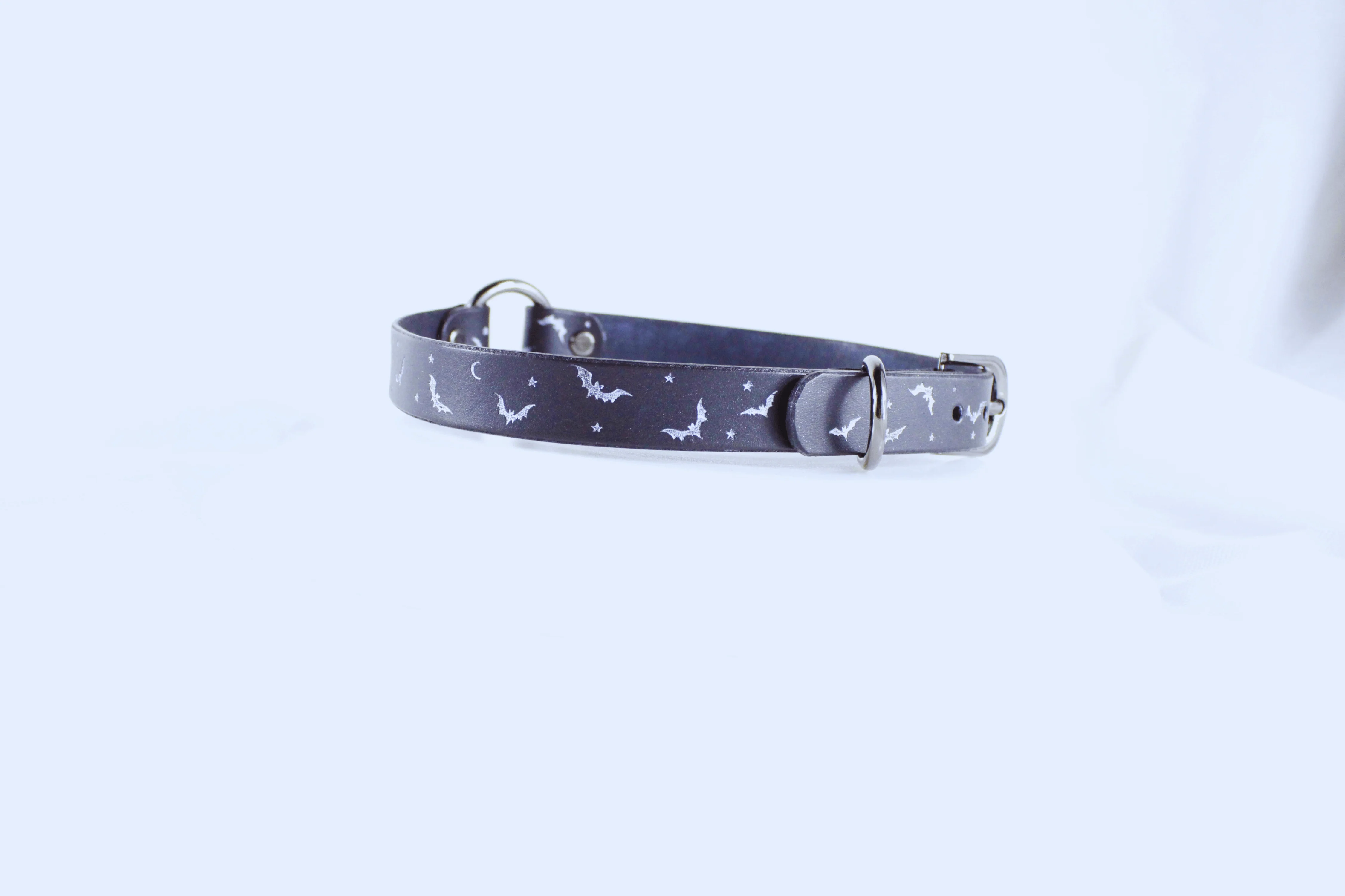 Bat and Moon Leather Choker – Celestial Gothic Submissive Collar - Image 2
