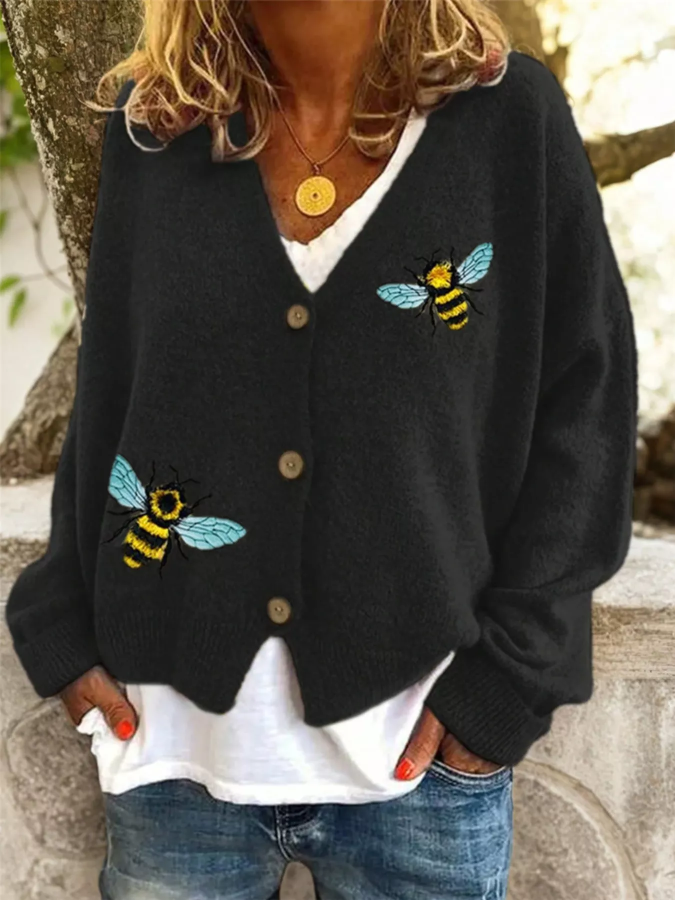 Bee Embroidered Button-Down Cardigan - Image 4