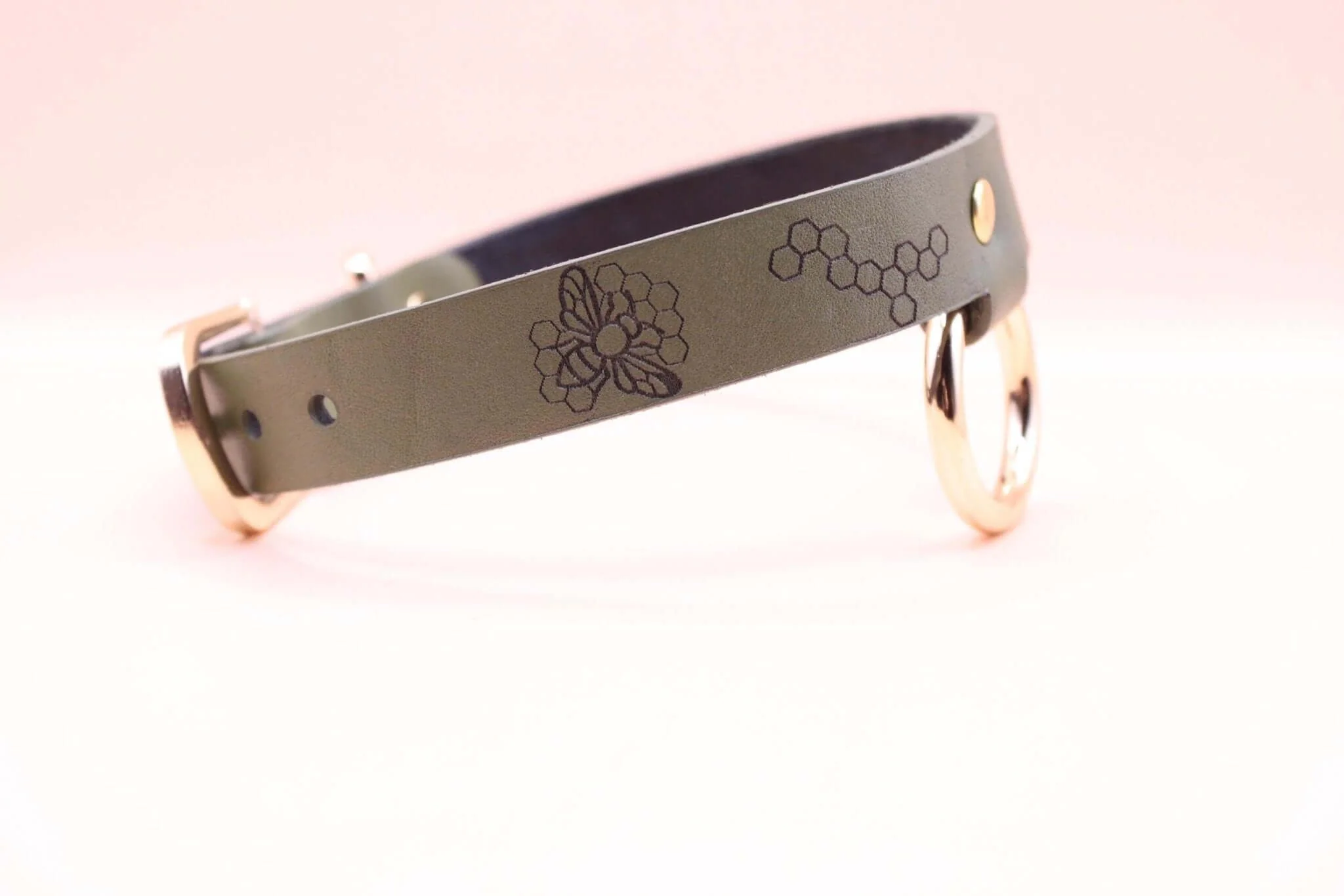 Bee Honeycomb Leather Choker with O-Ring Unique Slave Collar