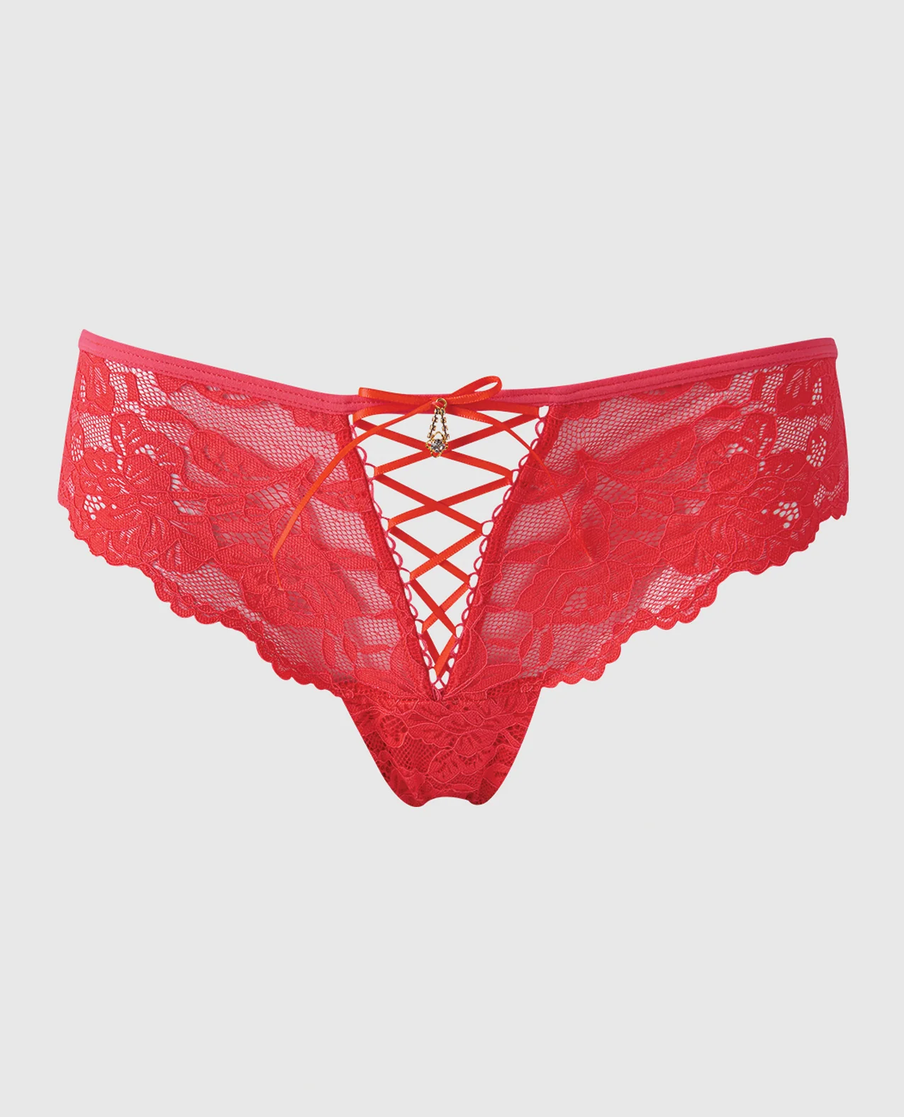 Bella Lace Up Tanga Panty w/Jewel Detail - Coral SM - Image 4