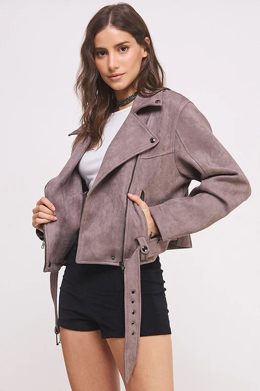 BELTED LONG SLEEVE ZIPPERED SUEDE MOTO JACKET - Image 7