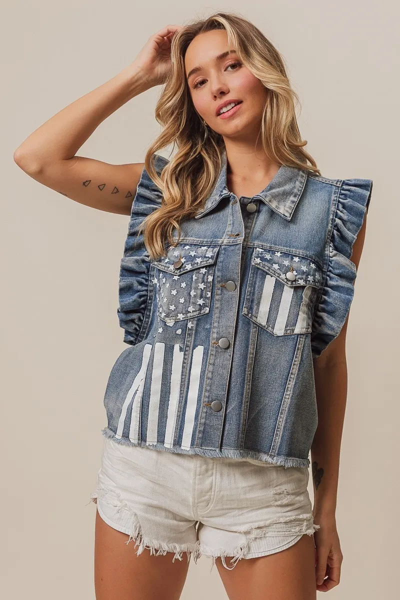 BiBi American Flag Washed Denim Jacket - Image 8
