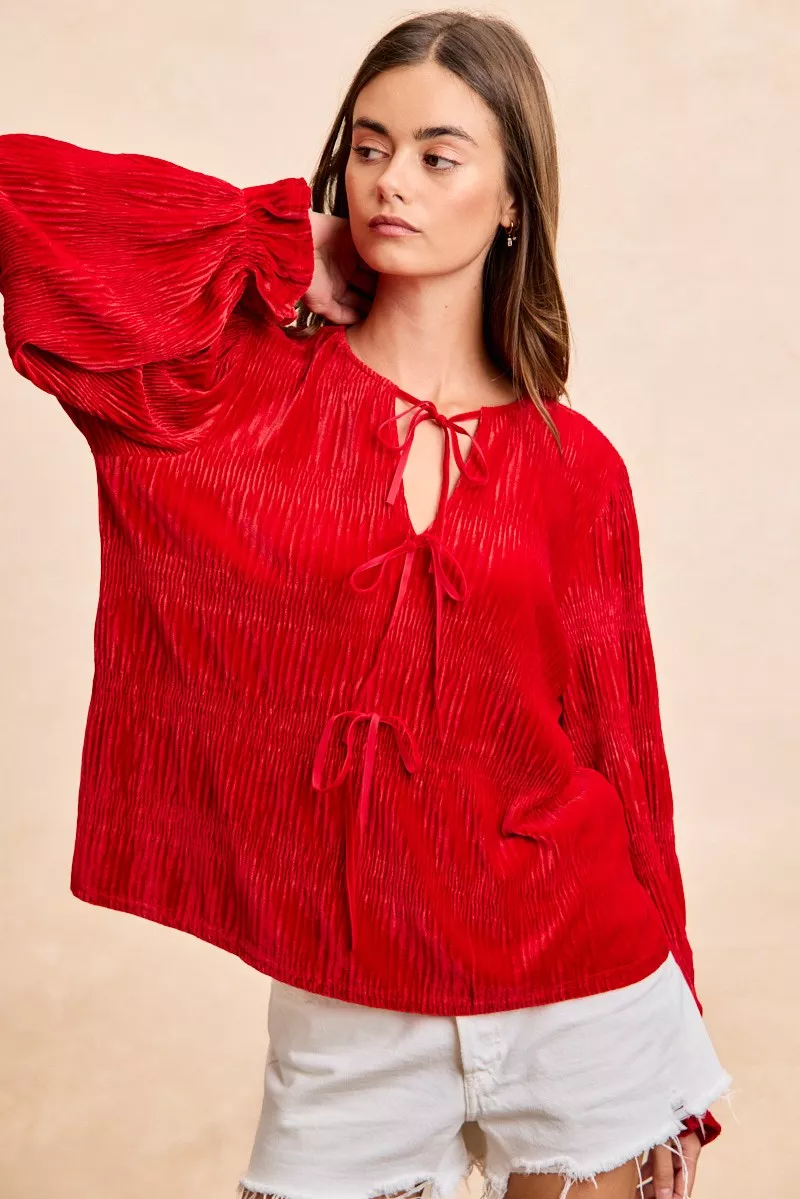 BiBi Christmas Theme Velvet Bow Tied Top With Neck Drop - Image 2
