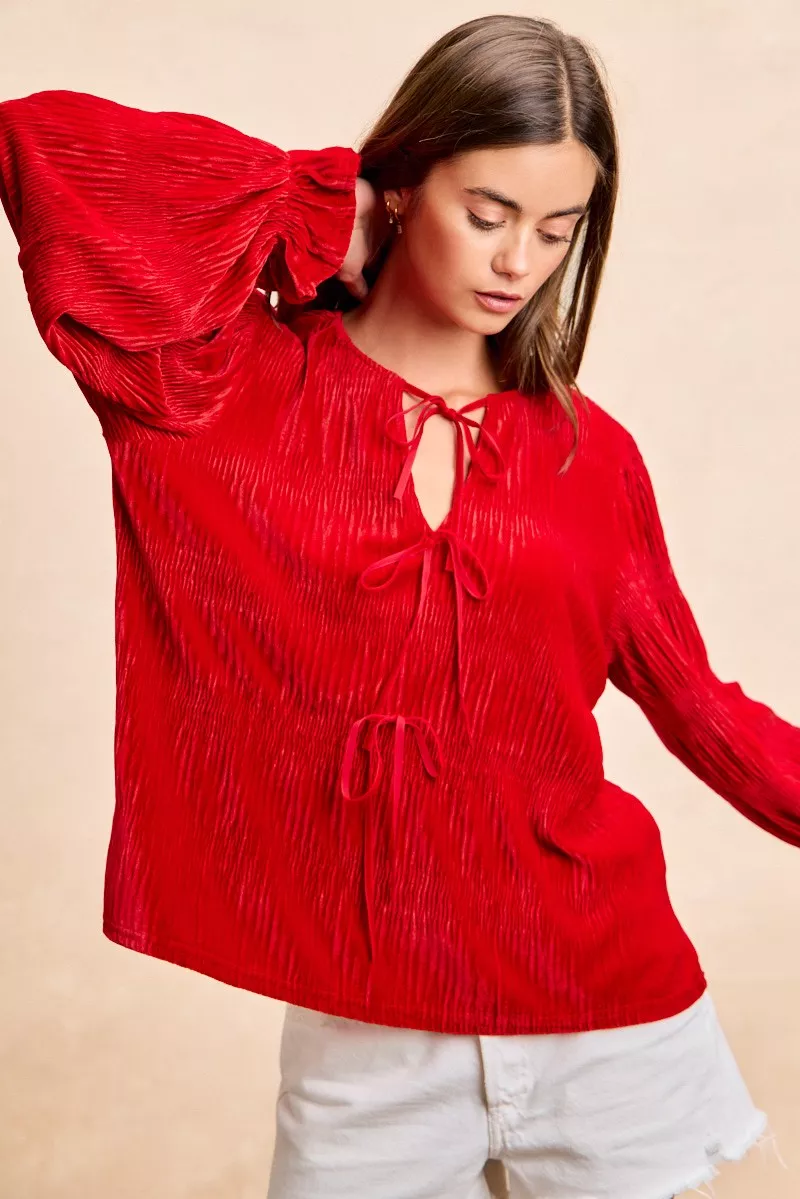 BiBi Christmas Theme Velvet Bow Tied Top With Neck Drop - Image 3