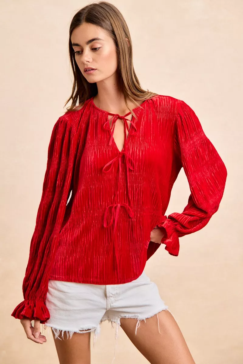 BiBi Christmas Theme Velvet Bow Tied Top With Neck Drop - Image 5