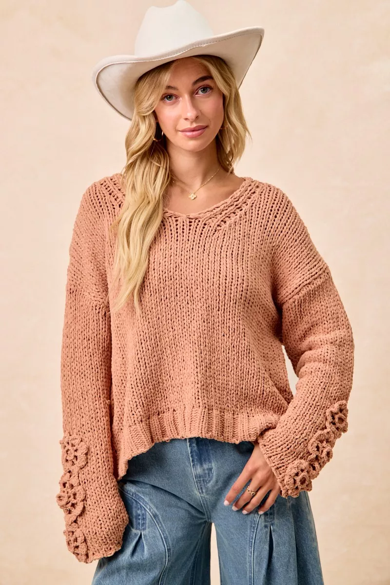 BiBi Chunky Knit Sweater with Flower Detail Sleeves - Image 17