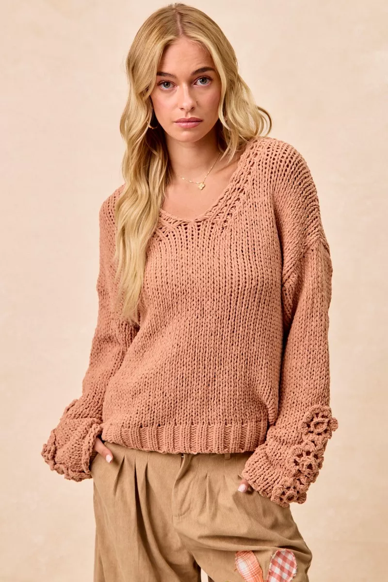 BiBi Chunky Knit Sweater with Flower Detail Sleeves - Image 5