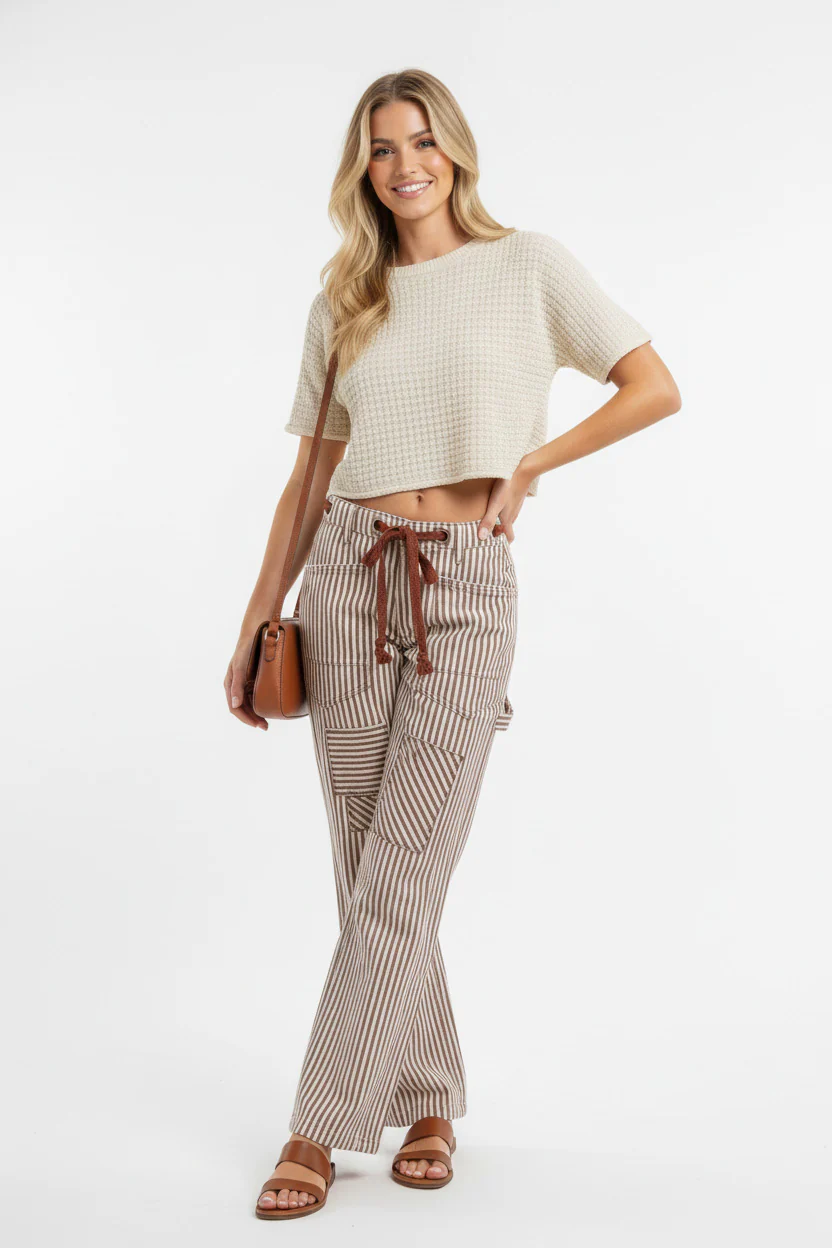 BiBi Drawstring Striped Twill Barrel Pants - Image 3