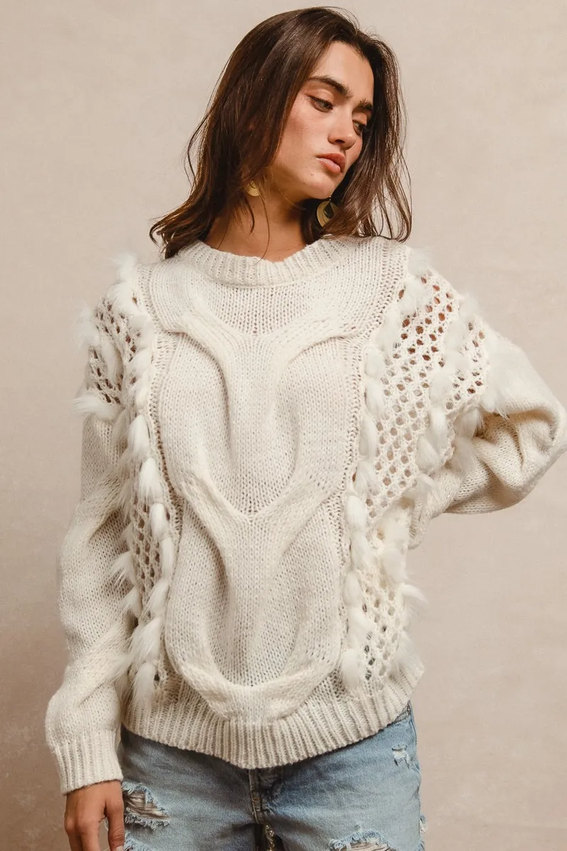 BiBi Faux Fur Detailed Pointelle Cable Knit Sweater - Image 2