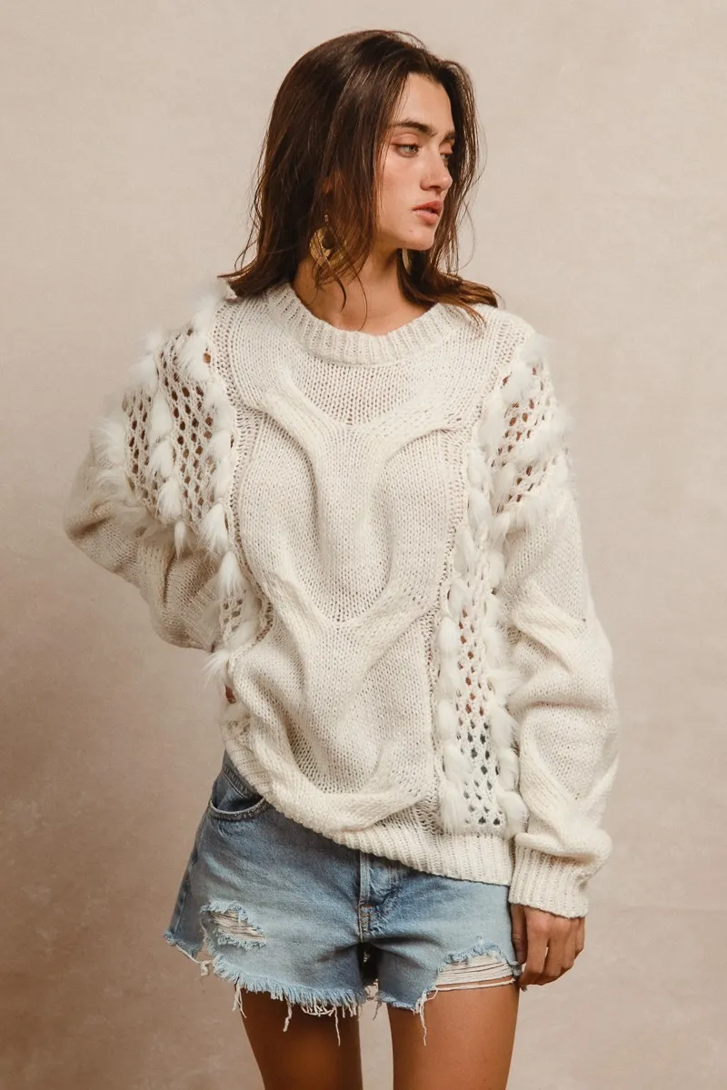 BiBi Faux Fur Detailed Pointelle Cable Knit Sweater - Image 3