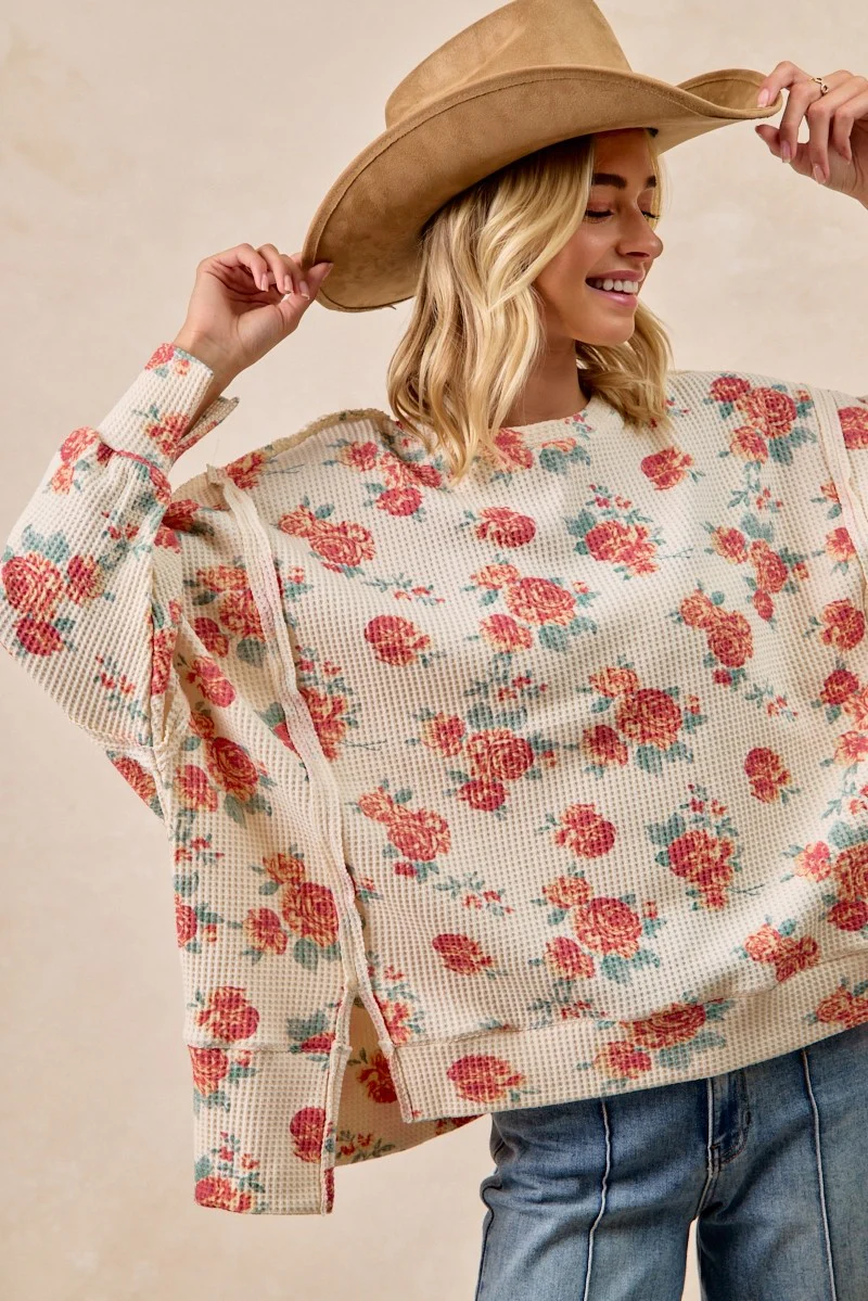 BiBi Floral Print Oversized Waffle Thermal Sweatshirt - Image 2