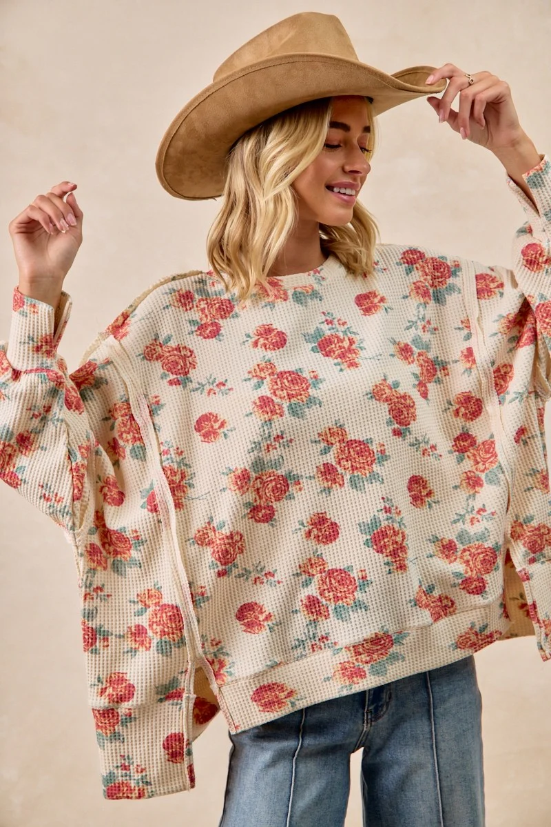BiBi Floral Print Oversized Waffle Thermal Sweatshirt - Image 5