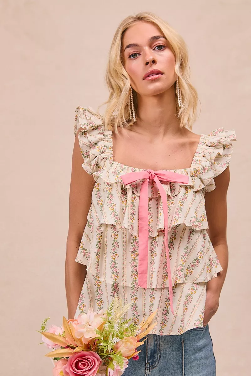 BiBi Floral Printed Woven Front Bow Tied Ruffled Square Neck Sleeveless Top - Image 3