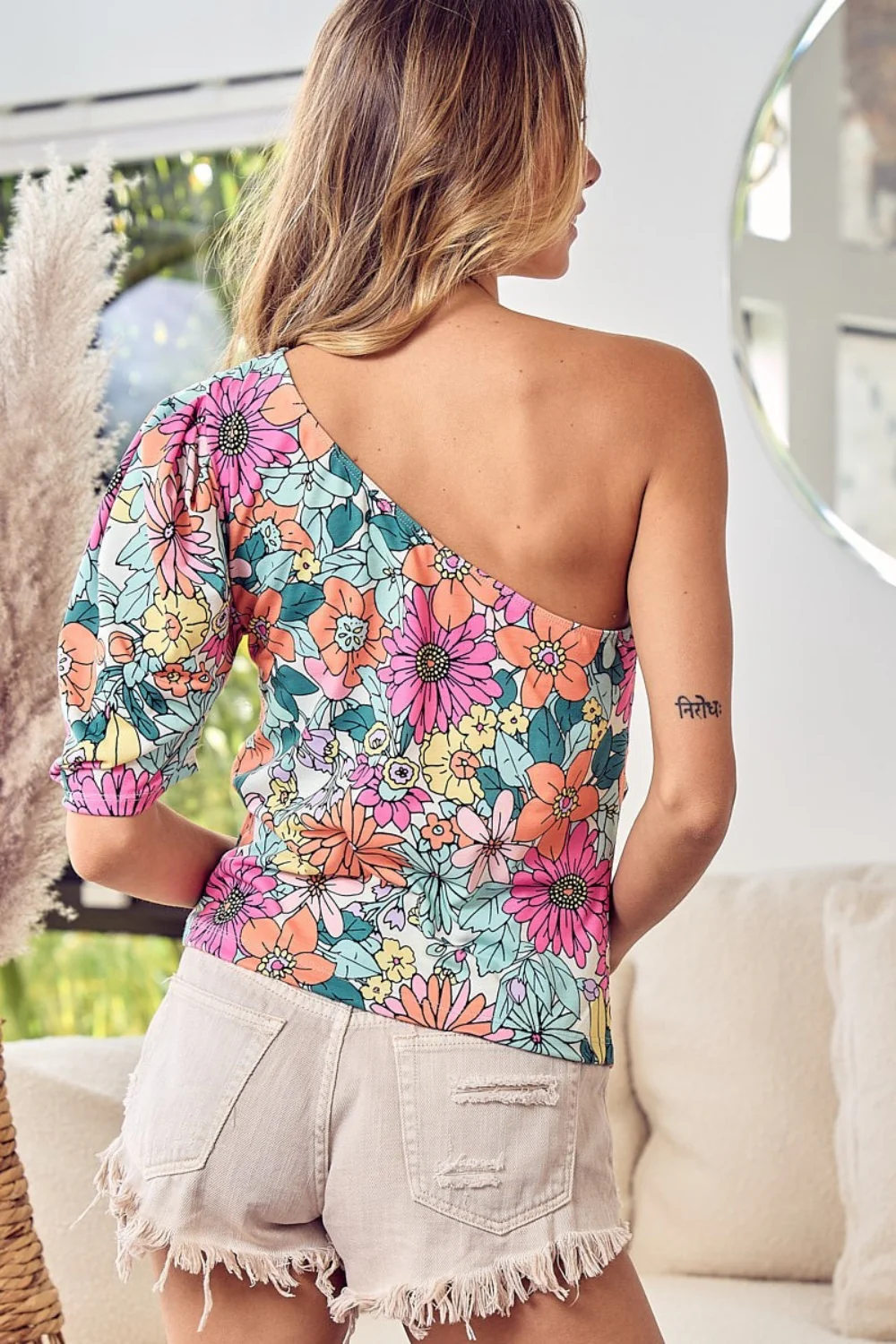 BiBi Floral Puff Sleeve One Shoulder Top - Image 2