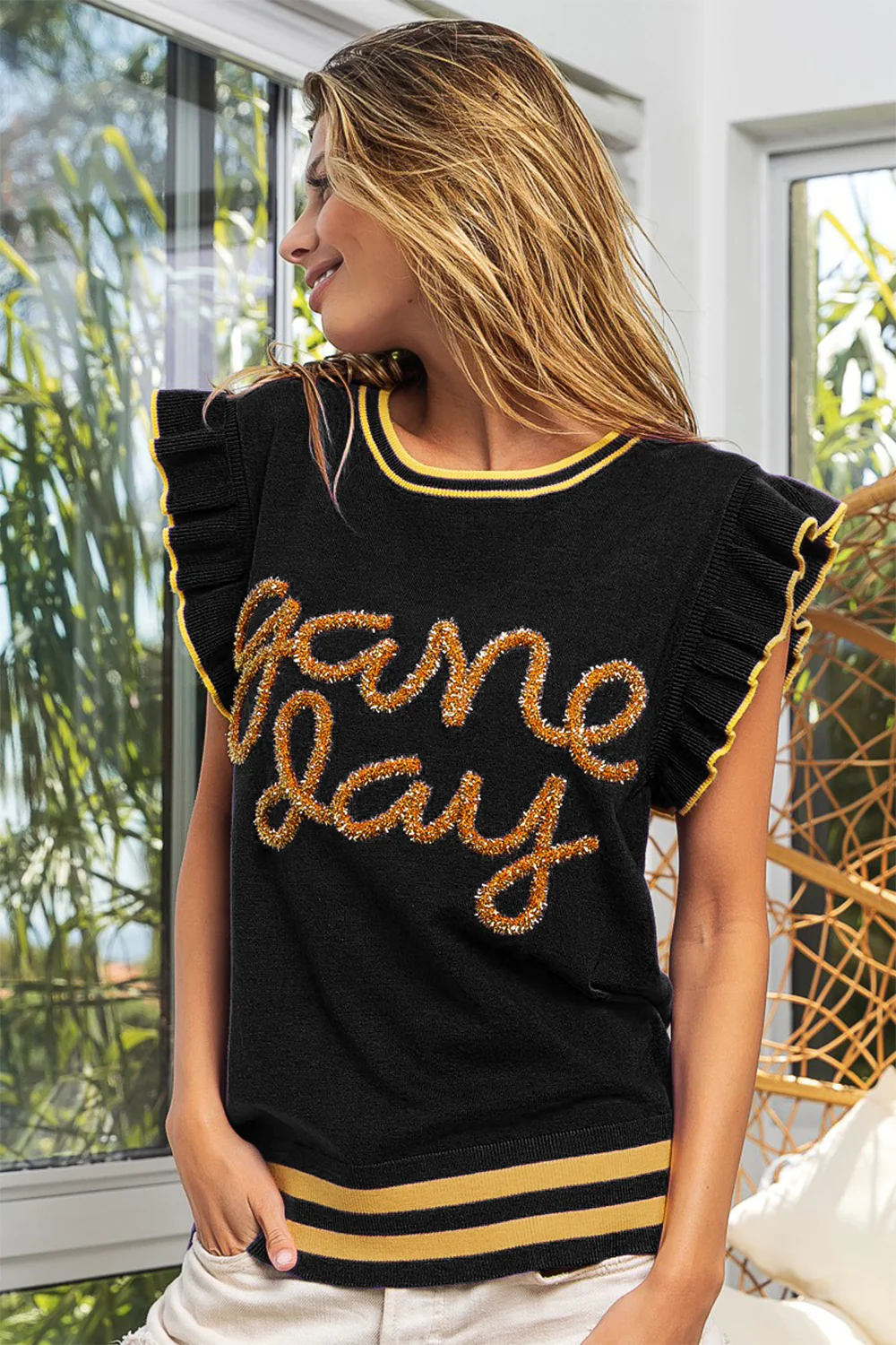 BiBi Game Day Letter Contrast Trim Ruffled Sleeveless Sweater - Image 2