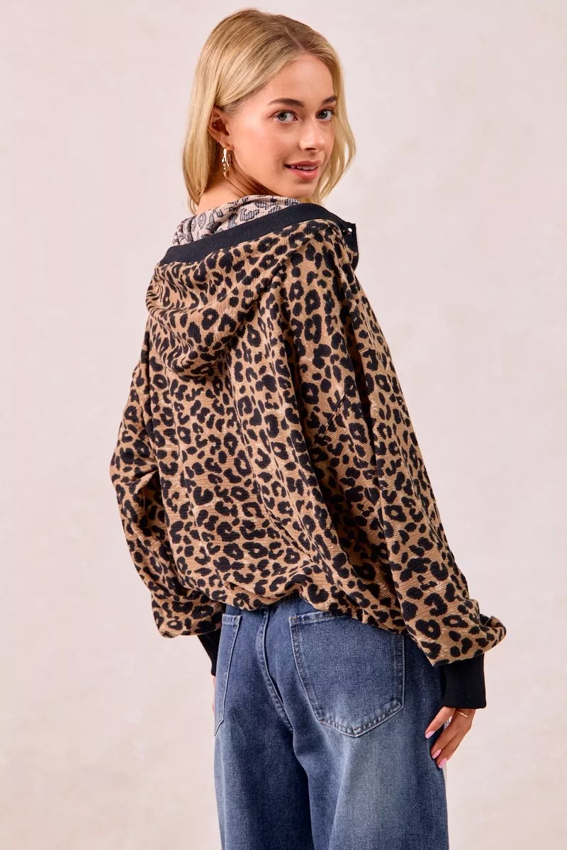 BiBi Leopard Print Waffle Half Zip Up Hoodie W Pocket - Image 15