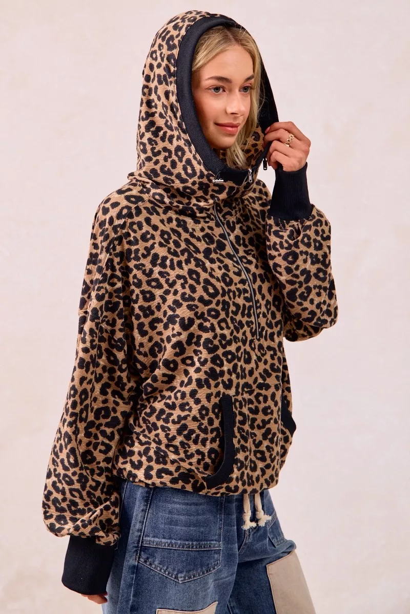 BiBi Leopard Print Waffle Half Zip Up Hoodie W Pocket - Image 2