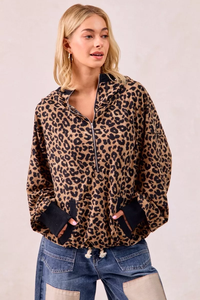 BiBi Leopard Print Waffle Half Zip Up Hoodie W Pocket - Image 5