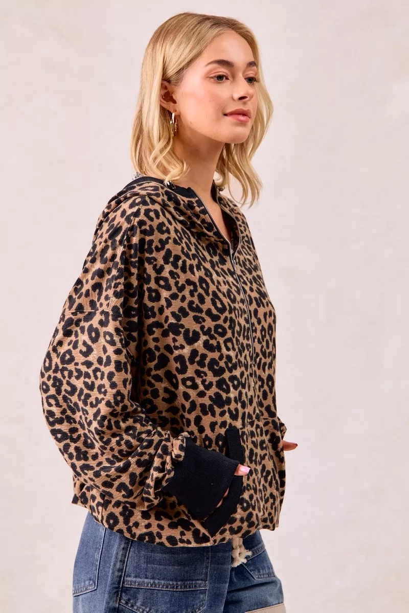 BiBi Leopard Print Waffle Half Zip Up Hoodie W Pocket - Image 6