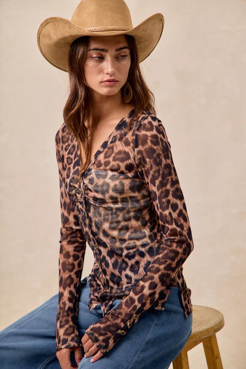 BiBi Leopard Printed Mesh Shirt With Button Up V Neck - Image 2