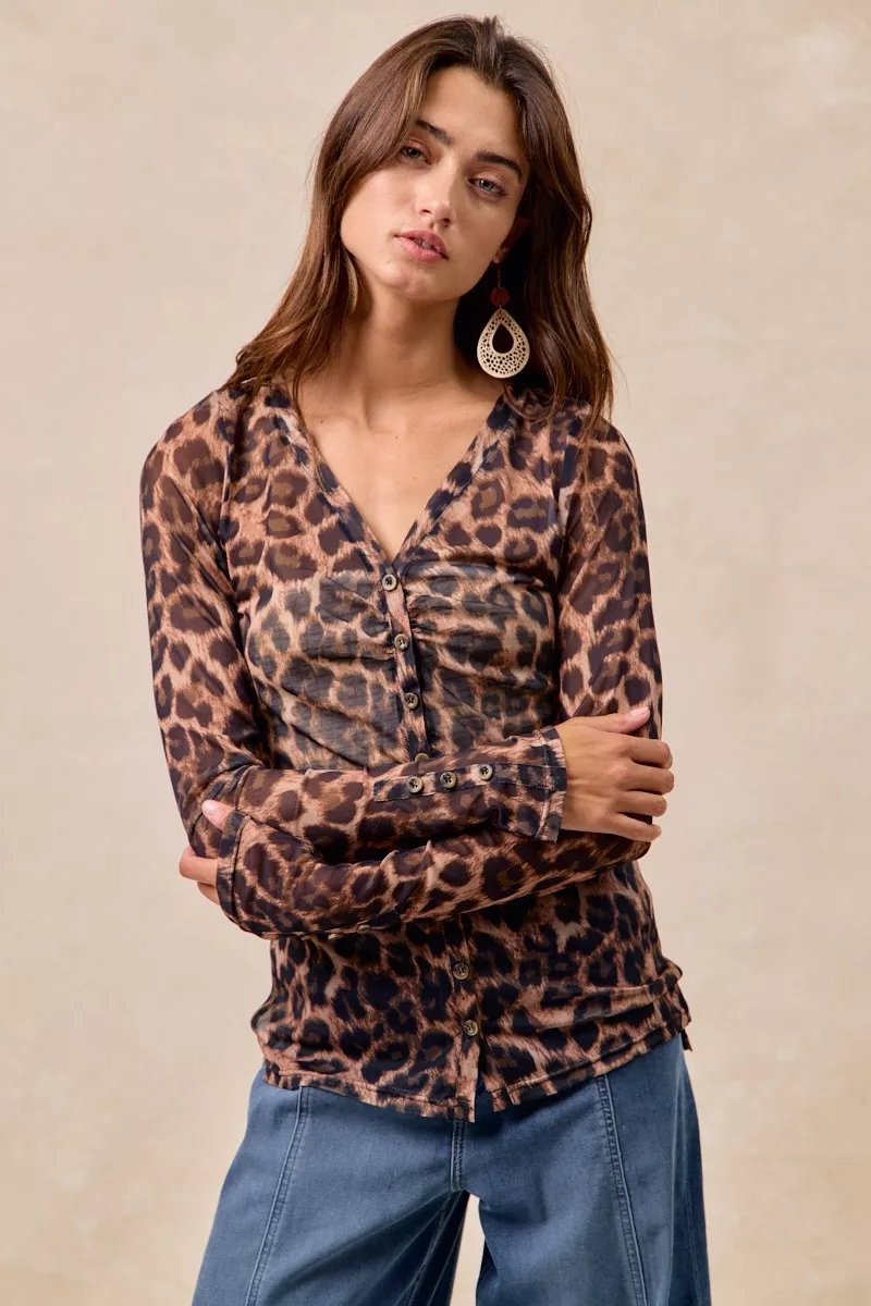 BiBi Leopard Printed Mesh Shirt With Button Up V Neck - Image 3