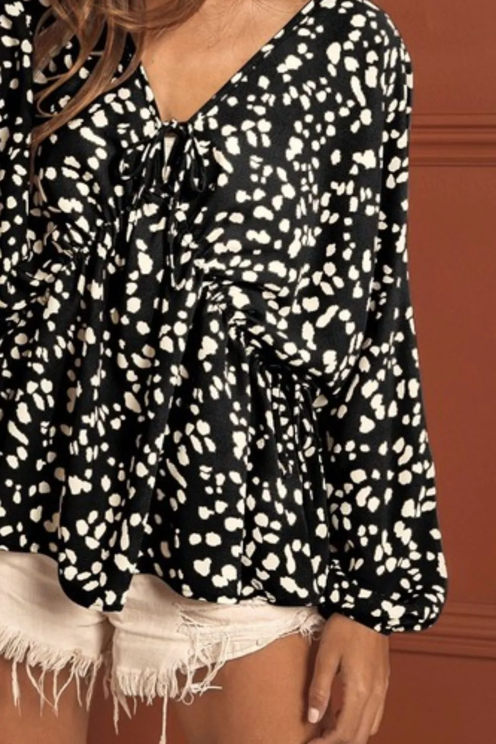 BiBi Leopard Woven Tied Spaghetti V Neck Lslv Top - Image 3