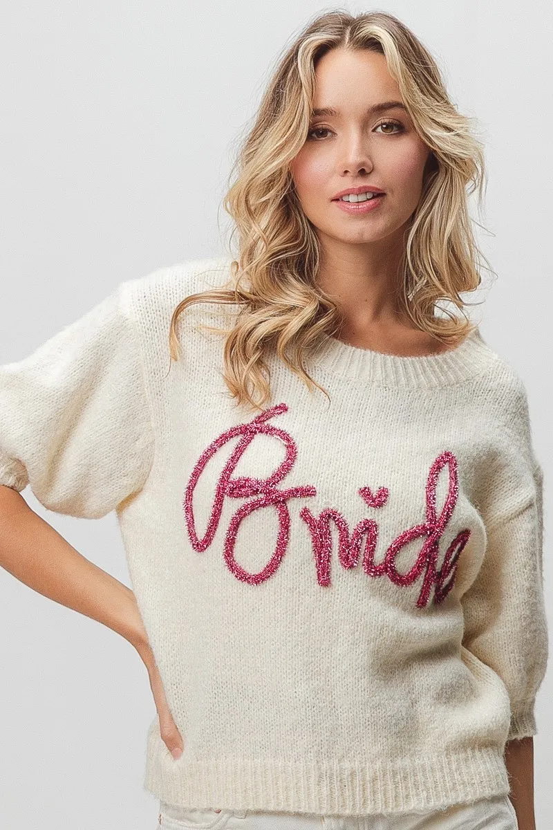 BiBi Metallic Letter Short Puff Sleeve Hairy Sweater - Image 13