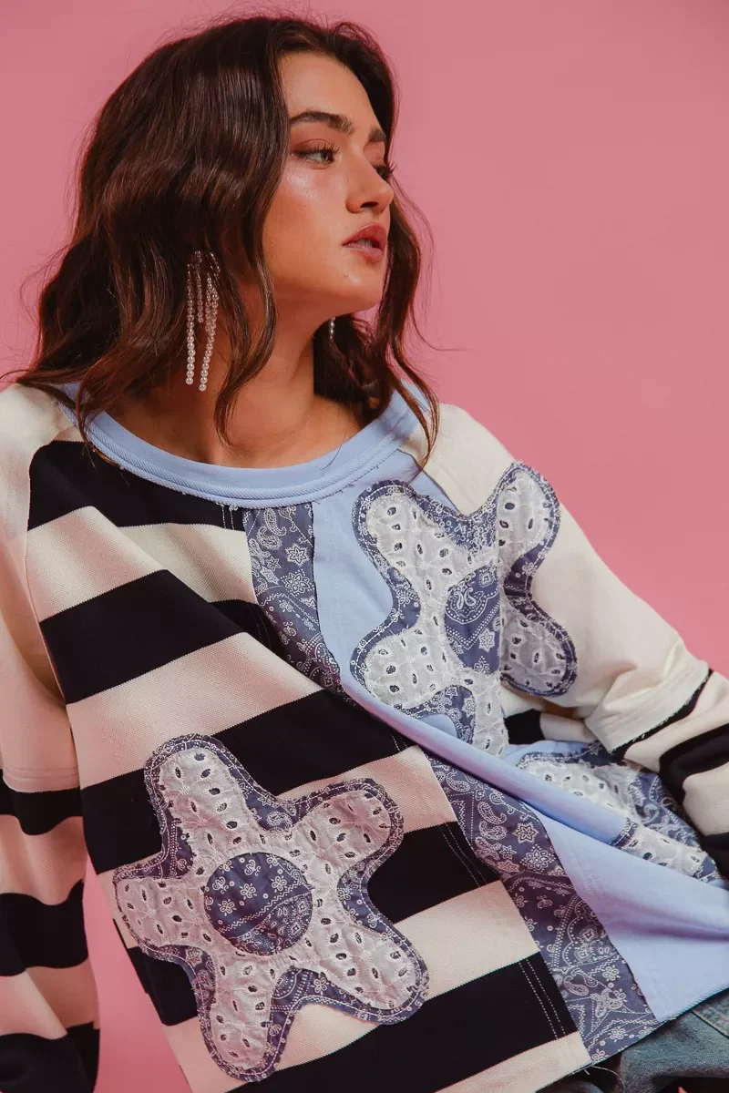 BiBi Patchwork Striped Round Neck Sweatshirt - Image 3