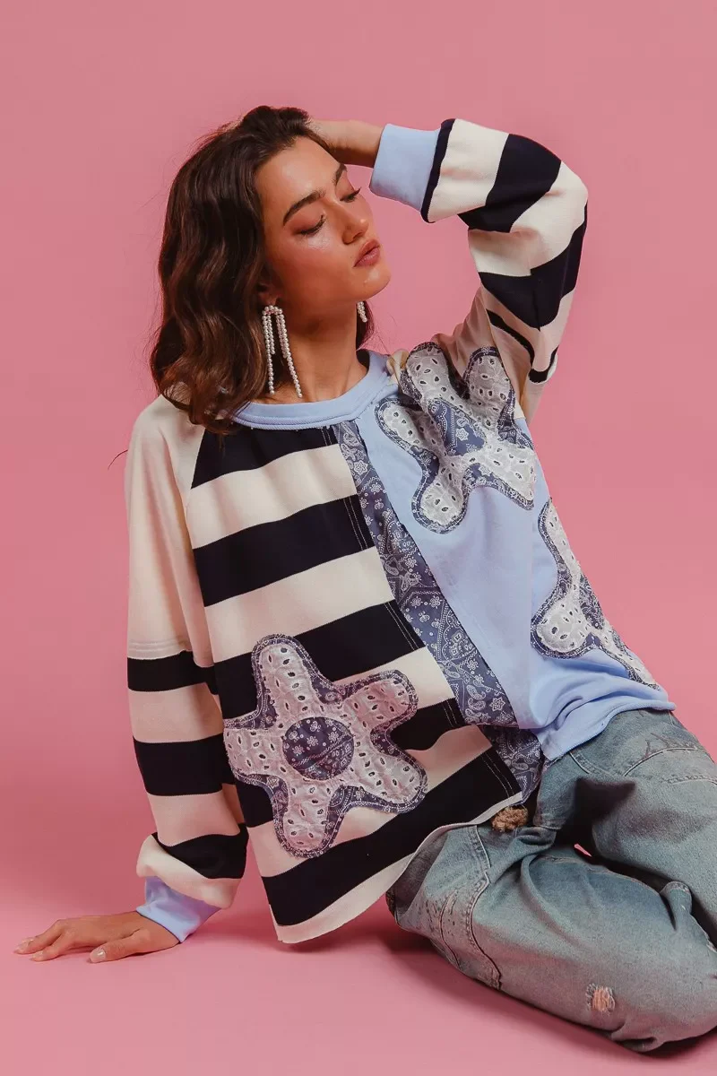 BiBi Patchwork Striped Round Neck Sweatshirt - Image 4