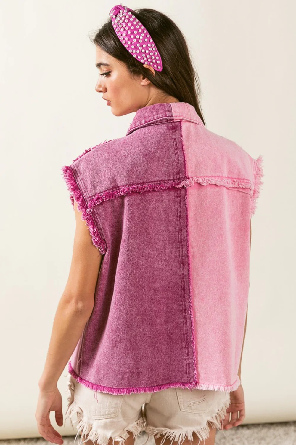 BiBi Pearl & Rhinestone  Decor Contrast Raw Hem Vest Coat - Image 2