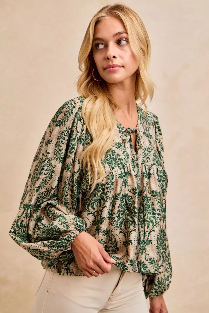 BiBi Printed Woven Front Tied Blouse with Baloon Sleeve - Image 10