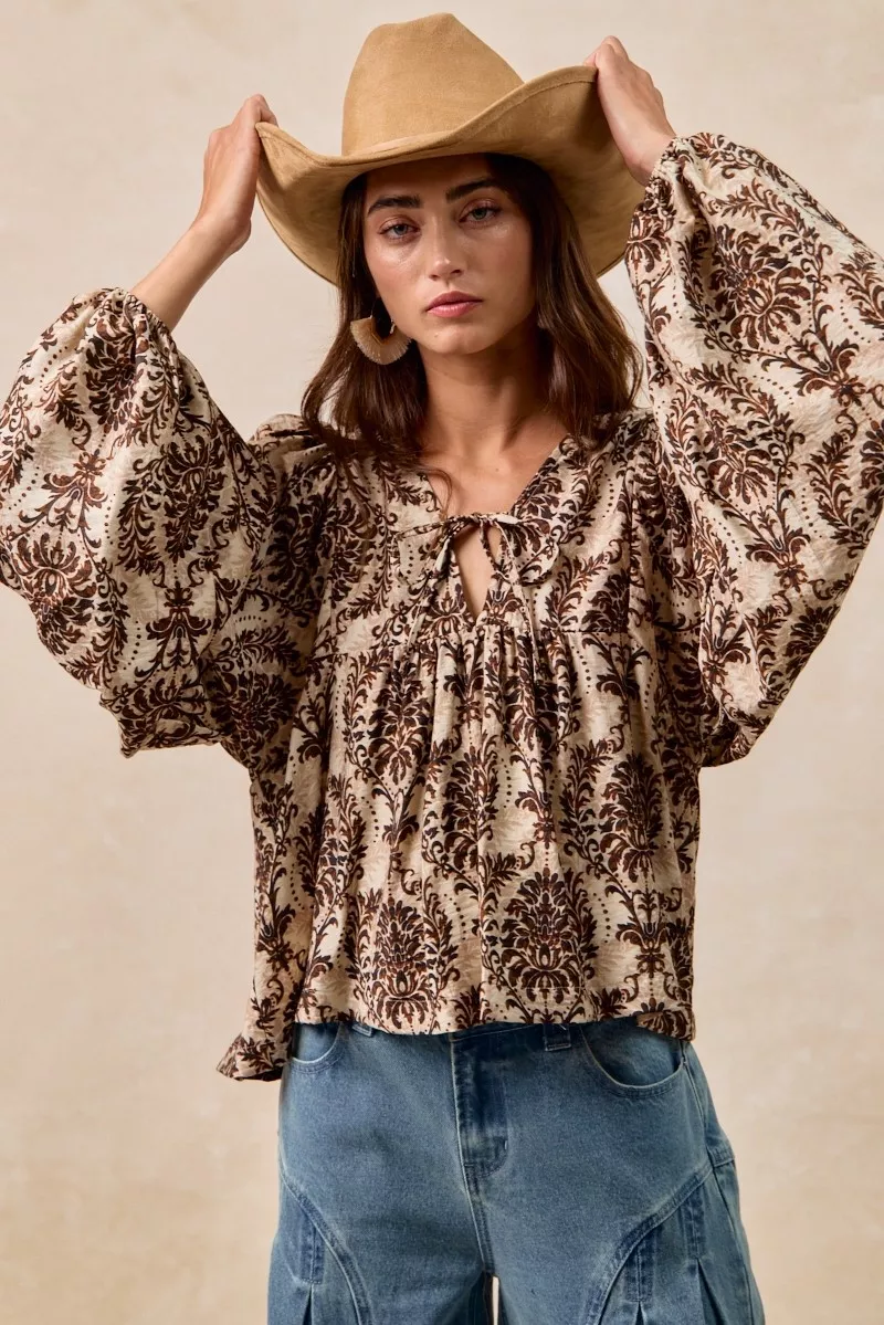 BiBi Printed Woven Front Tied Blouse with Baloon Sleeve - Image 4