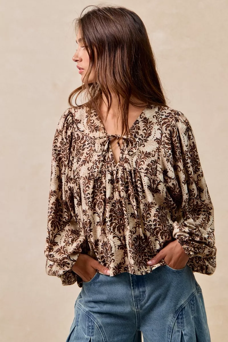 BiBi Printed Woven Front Tied Blouse with Baloon Sleeve - Image 6