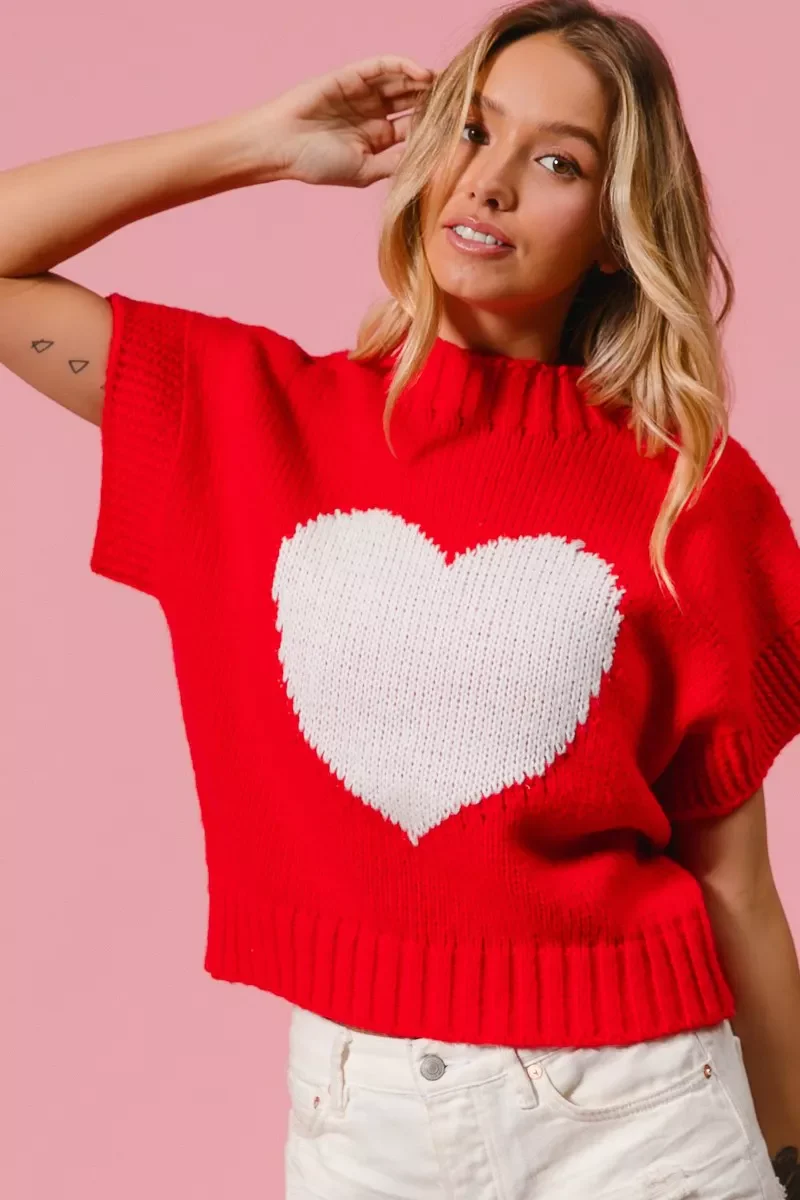 BiBi Rib Banded Heart Pattern Valentines Sweater - Image 2