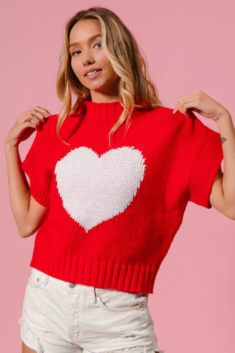 BiBi Rib Banded Heart Pattern Valentines Sweater - Image 3