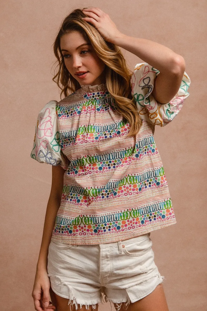 BiBi Ruffle Neckline Blouse With Embroidery Bubble Sleeve - Image 13