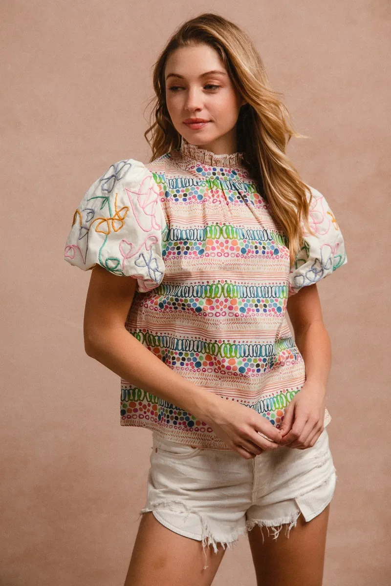 BiBi Ruffle Neckline Blouse With Embroidery Bubble Sleeve - Image 17