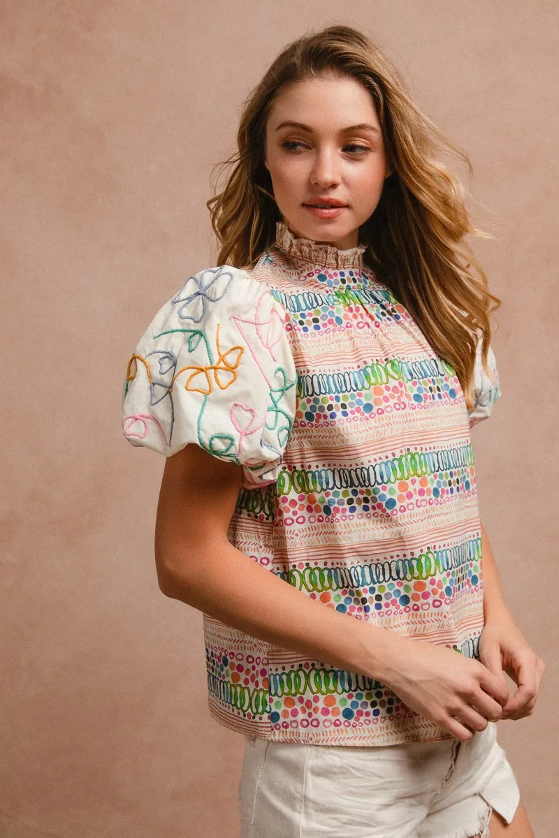 BiBi Ruffle Neckline Blouse With Embroidery Bubble Sleeve - Image 25