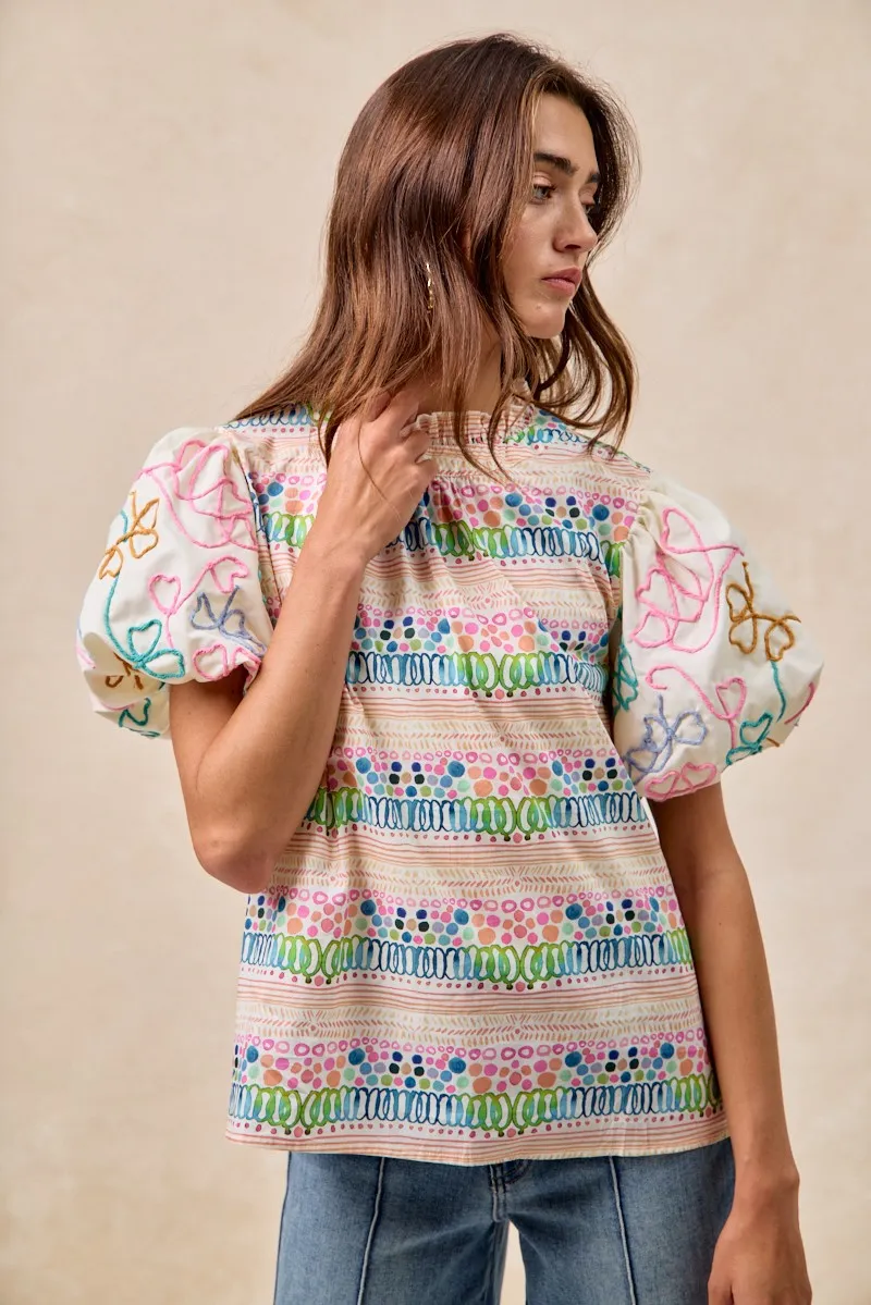 BiBi Ruffle Neckline Blouse With Embroidery Bubble Sleeve - Image 26