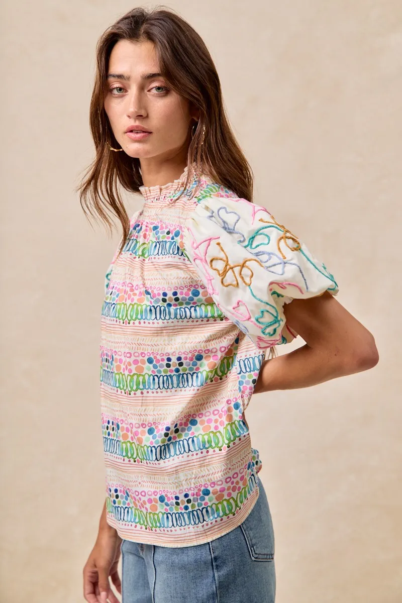 BiBi Ruffle Neckline Blouse With Embroidery Bubble Sleeve - Image 27