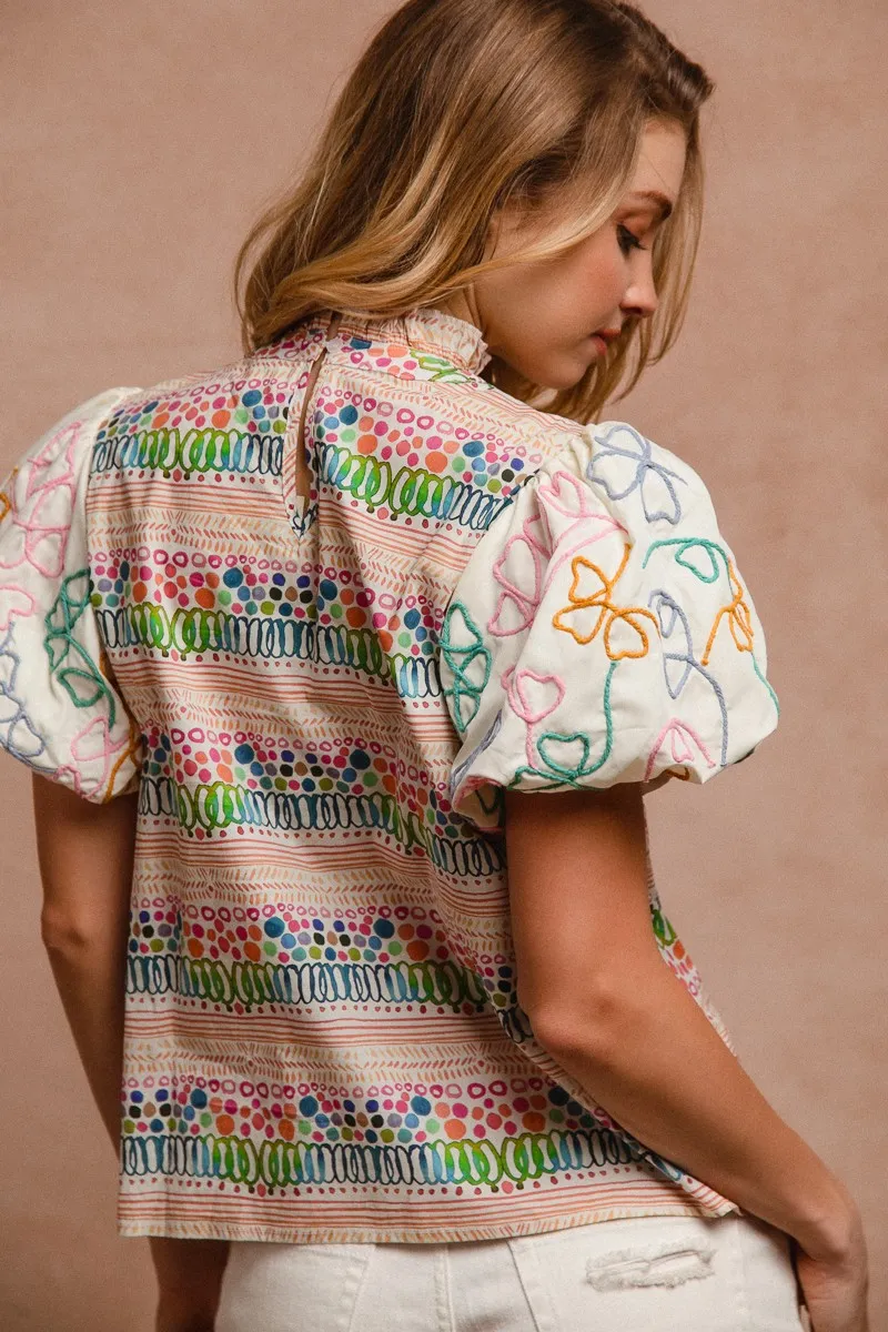 BiBi Ruffle Neckline Blouse With Embroidery Bubble Sleeve - Image 4