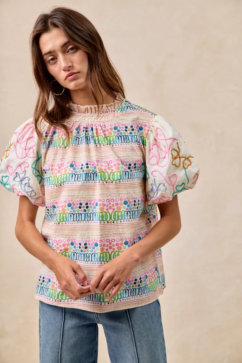 BiBi Ruffle Neckline Blouse With Embroidery Bubble Sleeve - Image 9
