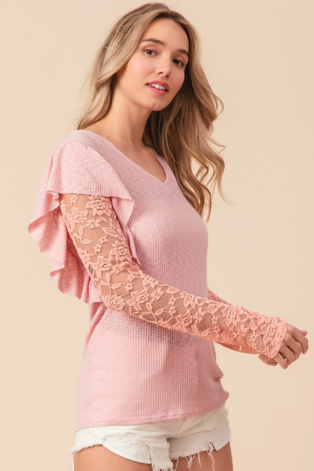 BiBi Ruffled Lace Sleeve Rib Knit Top - Image 2