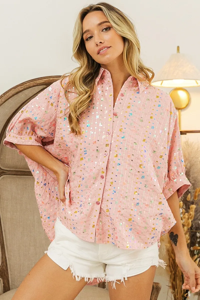 BiBi Sequin Striped Short Dolman Sleeve Blouse - Image 3