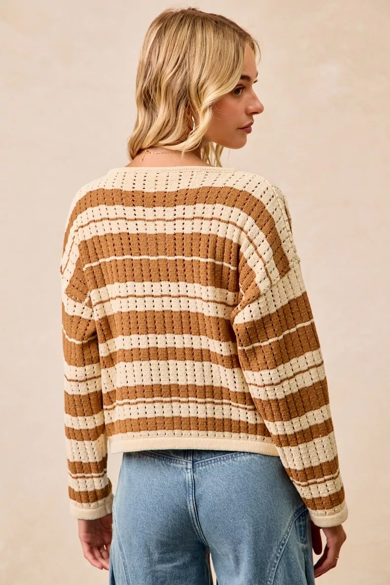 BiBi Striped Open Knit Sweater Top with Front Braided Detail - Image 13