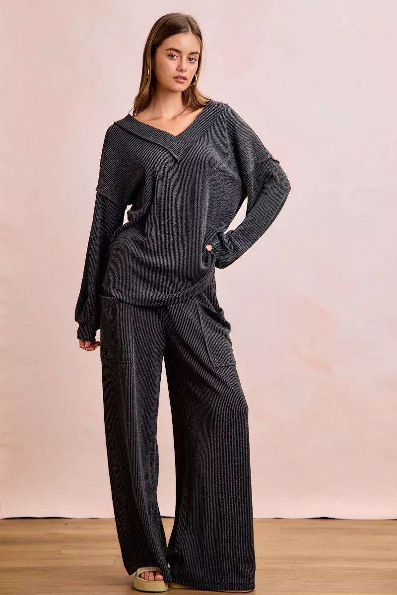 BiBi Two Tone Cord Rib Contrast Stitching V-Neck Top and Pants Set - Image 2