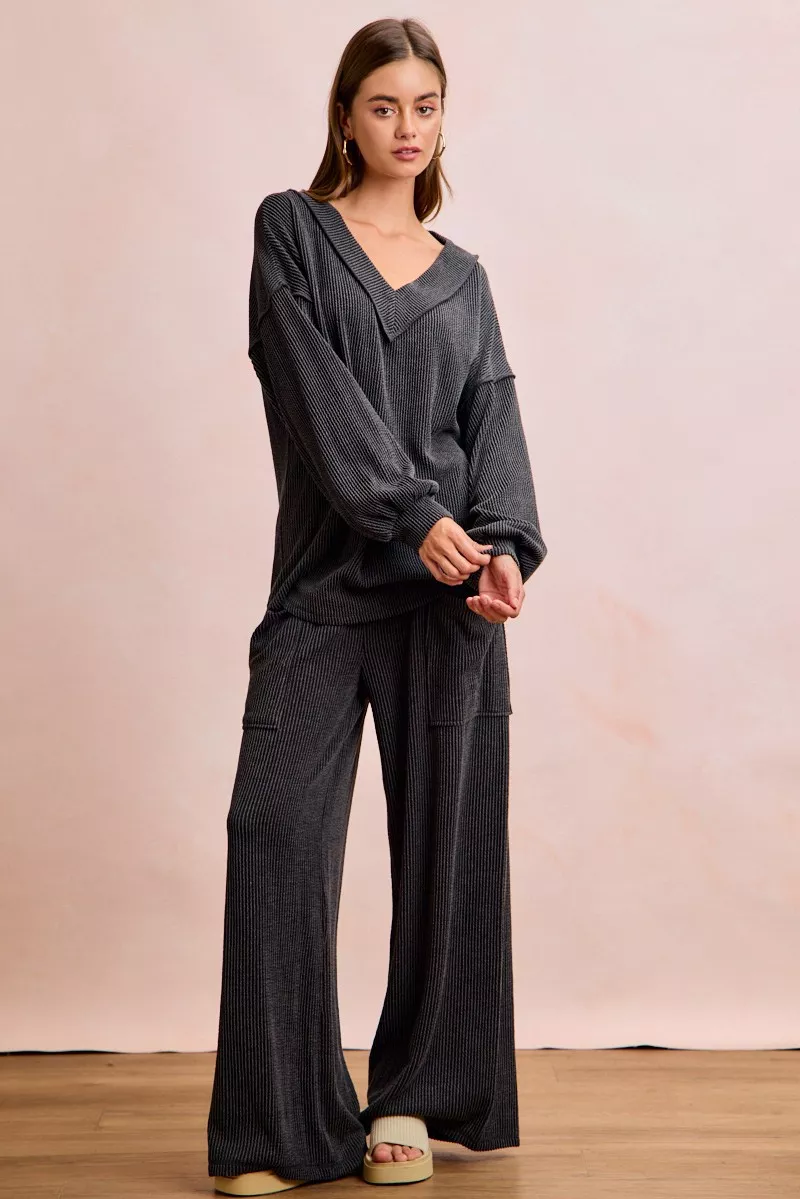 BiBi Two Tone Cord Rib Contrast Stitching V-Neck Top and Pants Set - Image 3
